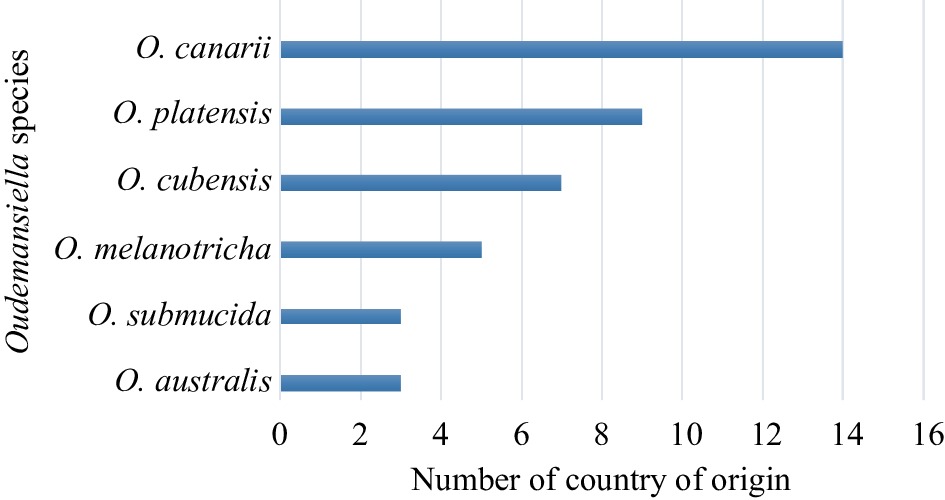 Top countries with the greatest number of reported Oudemansiella species.